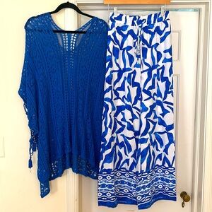 Mediterranean Blue Design Pants NEW Size Medium Wide Leg Smocked Drawstring NWOT